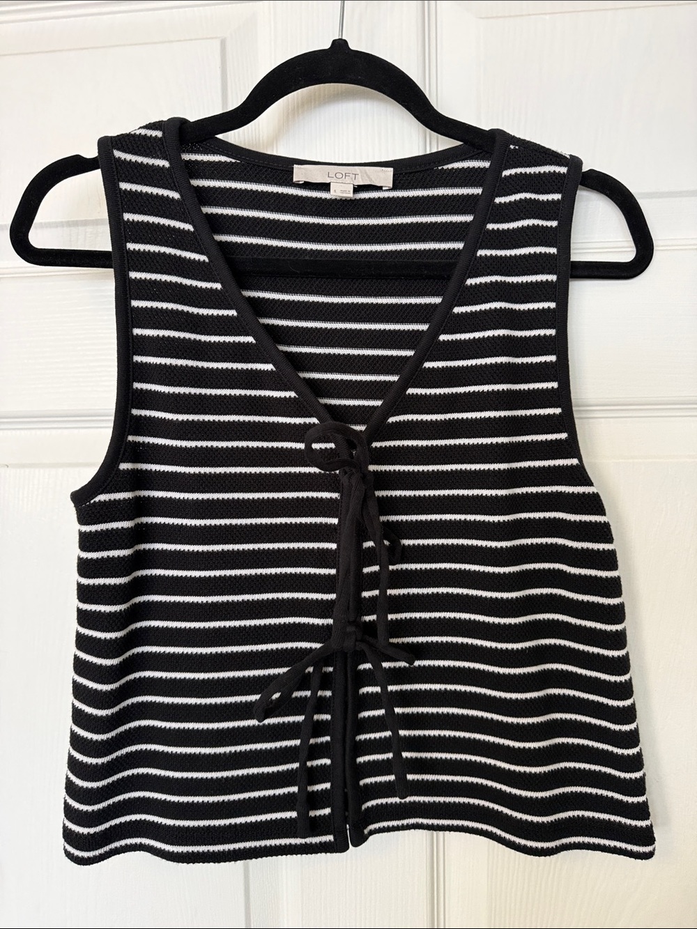 LOFT Black & White Striped Tie-Front Knit Shell
